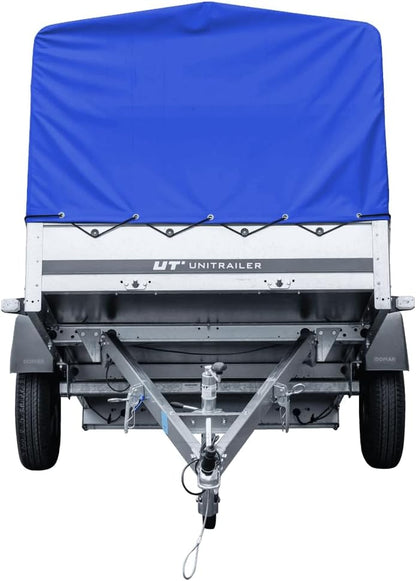 UNITRAILER Car Trailer 230 x 125 cm Garden Trailer 230 Tilting 750 kg with Jockey Wheel, Blue Tarpaulin and High Arrow