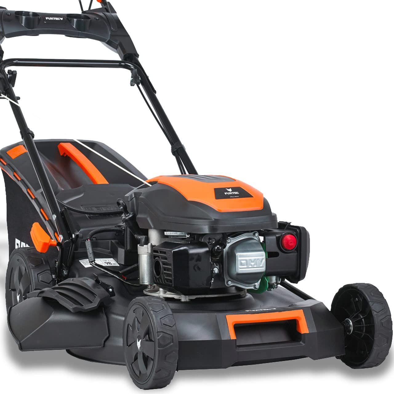 FUXTEC 4in1 Benzin Rasenmäher FX-RM5196eSPRO mit E-Start und regulierbarem Selbstantrieb, Gartenmäher inkl. Frontstoßstange, 51 cm Schnittbreite, kugelgelagerte Big Wheel Räder, 60L Grasfangkorb