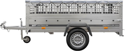 UNITRAILER Large Trailer 230 x 125 cm with Flat Tarpaulin, Mesh and Jockey Wheel - Garden Trailer 230 Kipp