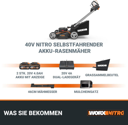 WORX WG749E Akku-Rasenmäher 40V, 46 cm, Radantrieb & Akku-Set