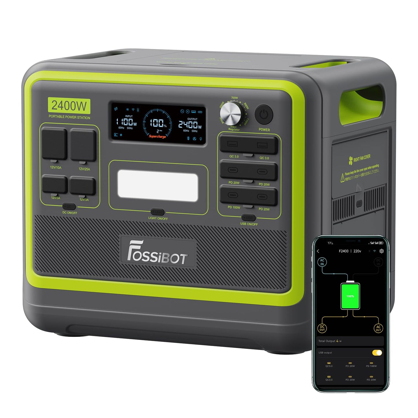 FOSSIBOT Powerstation 2400W AC Ausgängen (4800 W Peak) F2400, Stück mit 200W Solarpanel Power Station, 1100W Superschnelles Tragbare Solargenerator für Zuhause, Camping, RV und Notfall